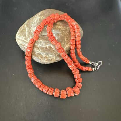 Navajo Graduated Red Coral Bead Necklace | Sterling Silver | 20" | Authentic Native American Handmade | 17375