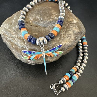 Navajo Dragonfly Pendant | Sterling Silver Turquoise Spiny Inlay MultiColor | Authentic Native American Handmade | 16634
