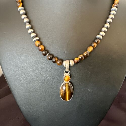 Southwestern Coffee Brown Tiger's Eye Multi-Stone Pendant Necklace | Sterling Silver | 21" | 17052