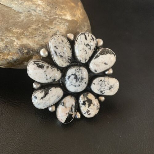 Navajo White Buffalo Turquoise Multi-Stone Ring | Authentic Native American Sterling Silver | Sz 7.5 | 11892