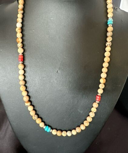 Navajo Turquoise Coral Picture Jasper Necklace | Sterling Silver | 20" | Authentic Native American Handmade | 17608