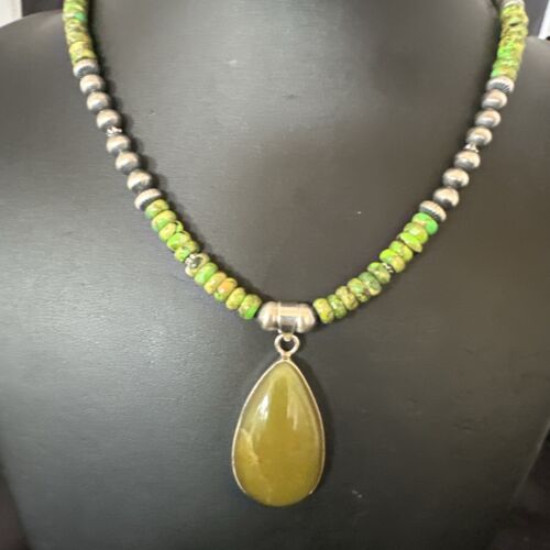 Navajo Green Turquoise Pendant with Pearls | Sterling Silver Necklace | Authentic Native American Handmade | 16917
