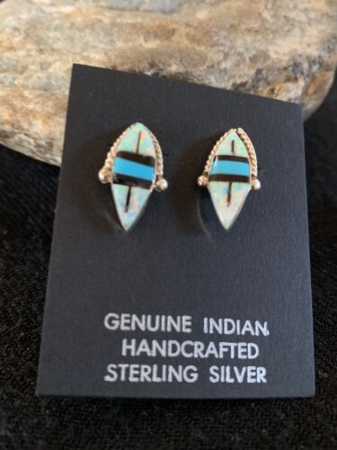 Navajo Turquoise White Opal Onyx Inlay Earrings | Sterling Silver | Authentic Native American Handmade | 13050