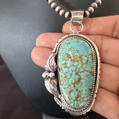 Navajo Blue Turquoise #8 Pendant Necklace | Sterling Silver Pearls | Authentic Native American Handmade | 15905