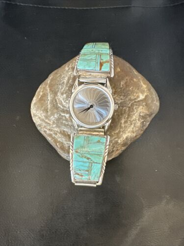 Navajo Men's Blue Turquoise Inlay Watch Tips Band | Sterling Silver | Multi-Stone | 17588