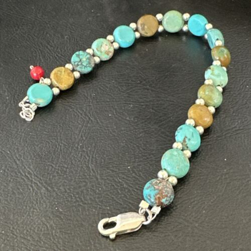 Southwestern Blue Turquoise Bead Link Bracelet | Sterling Silver | 8" | 17234