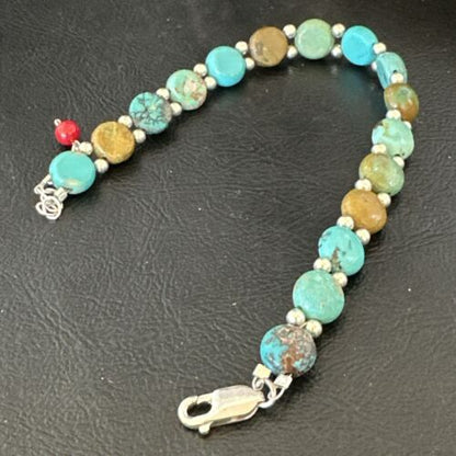 Southwestern Blue Turquoise Bead Link Bracelet | Sterling Silver | 8" | 17234