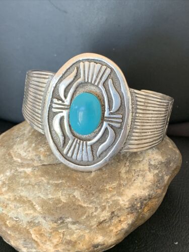 Navajo Blue Kingman Turquoise Cuff Bracelet | Sterling Silver | Authentic Native American Handmade | 1654