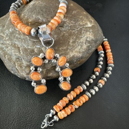 Navajo Orange Spiny Oyster Inlay Naja Pendant | Sterling Silver | Authentic Native American Handmade | 17428