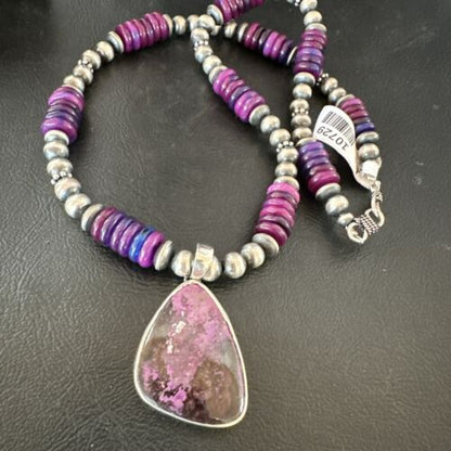 Navajo Purple Sugilite Pendant with Pearls | Sterling Silver Necklace | 21" | Authentic Native American Handmade | 10729