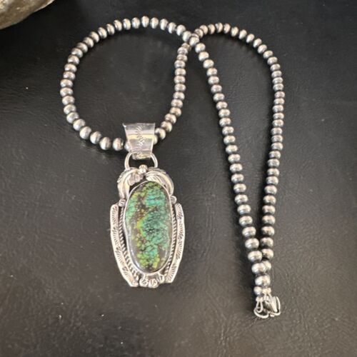 Navajo Blue Spiderweb Turquoise Pendant Necklace | Sterling Silver Pearls | Authentic Native American Handmade | 15094