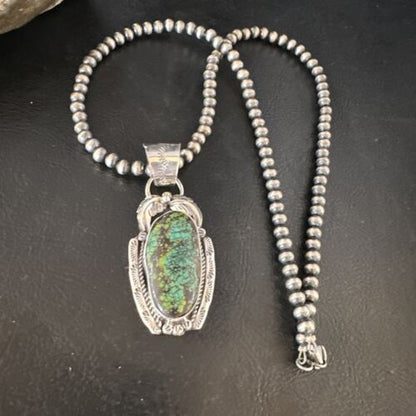 Navajo Blue Spiderweb Turquoise Pendant Necklace | Sterling Silver Pearls | Authentic Native American Handmade | 15094