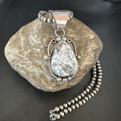 Navajo White Buffalo Turquoise Pendant | Pearl Sterling Silver Necklace | Authentic Native American Handmade | 17043