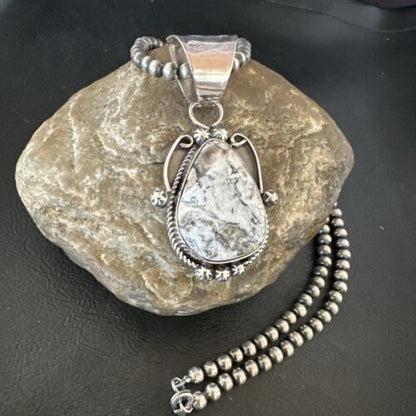 Navajo White Buffalo Turquoise Pendant | Pearl Sterling Silver Necklace | Authentic Native American Handmade | 17043