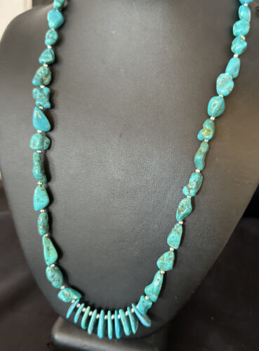 Navajo Blue Kingman Nugget Turquoise Necklace | Sterling Silver | 22" | Authentic Native American Handmade | 15534