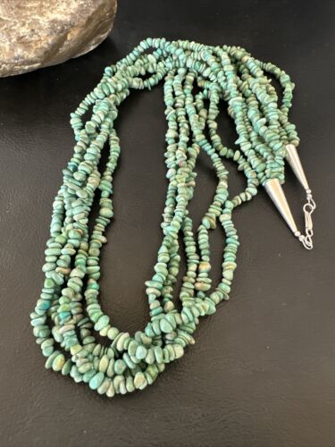 Navajo Green Turquoise Nugget Necklace | 5 Strand | Sterling Silver | Authentic Native American Handmade | 16321