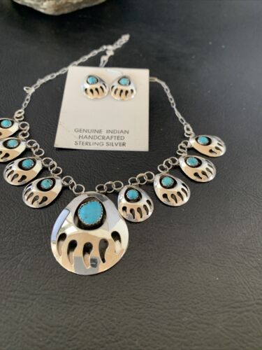 Navajo Blue Turquoise Bear Paw Shadow Box Necklace & Earring Set | Sterling Silver | Authentic Native American Handmade | 17466