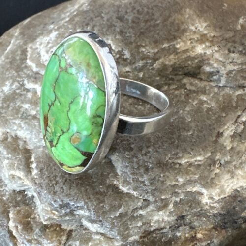 Navajo Green Mojave Turquoise Ring | Sterling Silver | Sz 8 Adjustable | Authentic Native American Handmade | 16146
