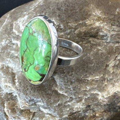 Navajo Green Mojave Turquoise Ring | Sterling Silver | Sz 8 Adjustable | Authentic Native American Handmade | 16146