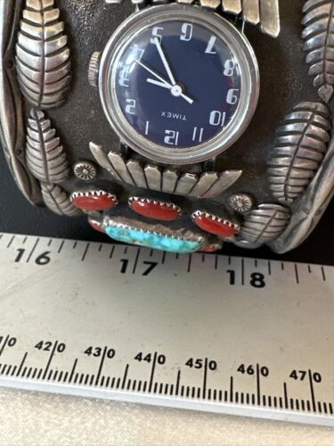 Navajo Men's Women's Royston Turquoise Coral Watch Cuff Bracelet | Sterling Silver | Authentic Native American | XL | 15850