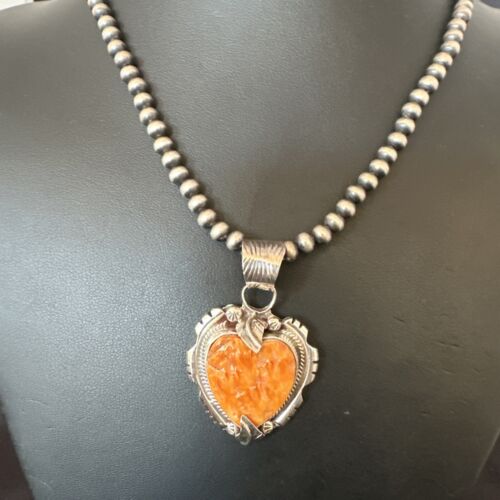 Navajo Orange Spiny Oyster Heart Pendant Necklace | Sterling Silver | Authentic Native American Handmade | 16296