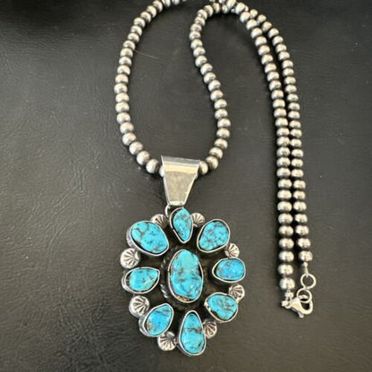 Navajo Blue Kingman Turquoise Cluster Pendant | Sterling Silver | 2" | Authentic Native American Handmade | 17418
