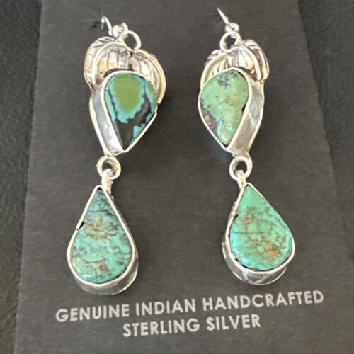 Navajo Green Royston Turquoise Dangle Earrings | Sterling Silver | Authentic Native American Handmade | 16451