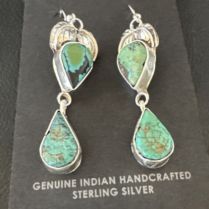 Navajo Green Royston Turquoise Dangle Earrings | Sterling Silver | Authentic Native American Handmade | 16451