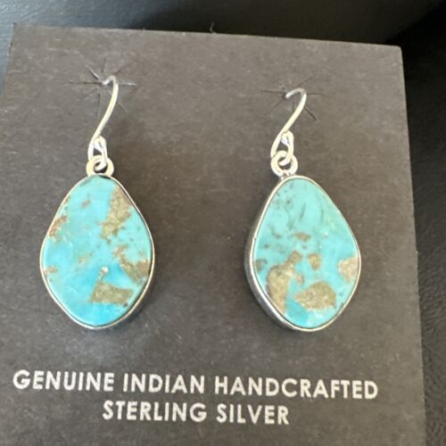Navajo Blue Turquoise Dangle Earrings | Sterling Silver | 1" | Authentic Native American Handmade | 15806 - Masha USA