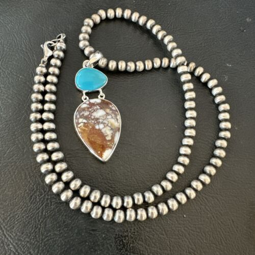 Navajo Wild Horse Blue Kingman Turquoise Necklace | Sterling Silver | Multi-Stone Pendant | 17315