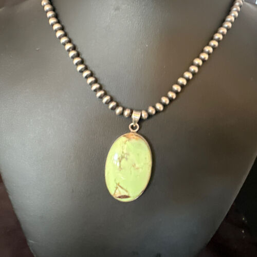 Navajo Green Gaspeite Pendant Necklace | Sterling Silver | Authentic Native American Handmade | 15487