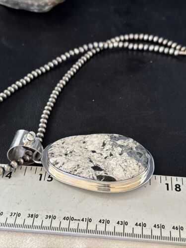 Navajo White Buffalo Turquoise Pendant Necklace | Sterling Silver | Authentic Native American Handmade | 14991