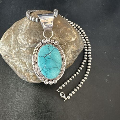 Men's Blue Spiderweb Turquoise Pendant Necklace | Navajo Sterling Silver | Authentic Native American Handmade | 17124