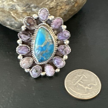 Navajo Cluster Blue Kingman Turquoise Charoite Ring | Authentic Native American Sterling Silver | Multi-Stone | Sz 9 | 17179