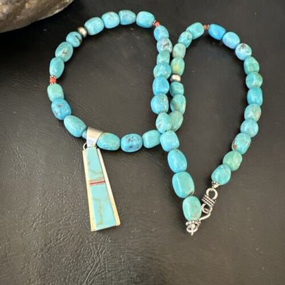Navajo Blue Turquoise Inlay Pendant Necklace | Sterling Silver | 19" | Authentic Native American Handmade | 17491