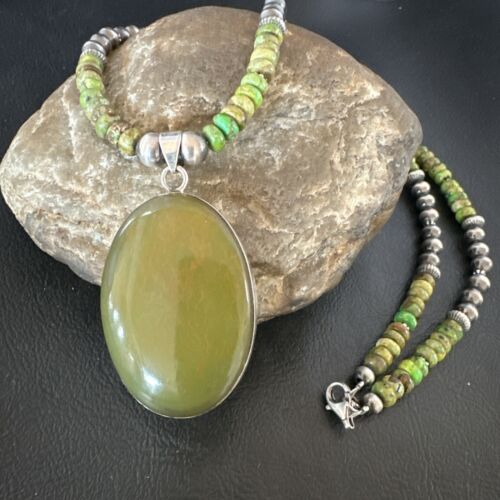 Navajo Green Turquoise Pendant Necklace | Sterling Silver | Authentic Native American Handmade | 16918