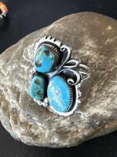 Navajo Blue Turquoise Cluster Ring | Authentic Native American Sterling Silver | Multi-Stone | Sz 8.5 | 14838