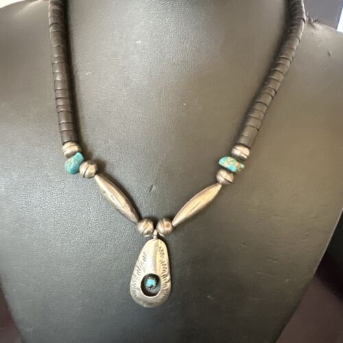 Navajo Blue Turquoise Black Onyx Shadowbox Pendant | Sterling Silver Necklace | 16" | 17542
