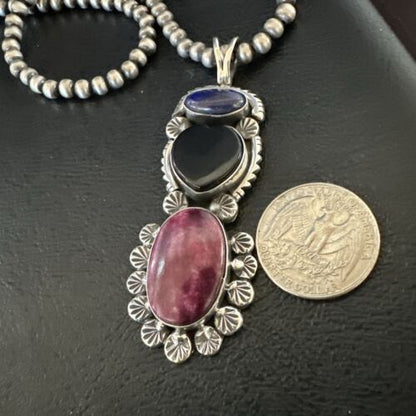 Navajo Black Onyx Purple Spiny 3-Stone Cluster Pendant | Sterling Silver | Authentic Native American Handmade | 17635