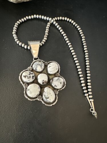 Navajo White Buffalo Turquoise Sterling Silver Pendant Necklace | Multi-Stone | 14898