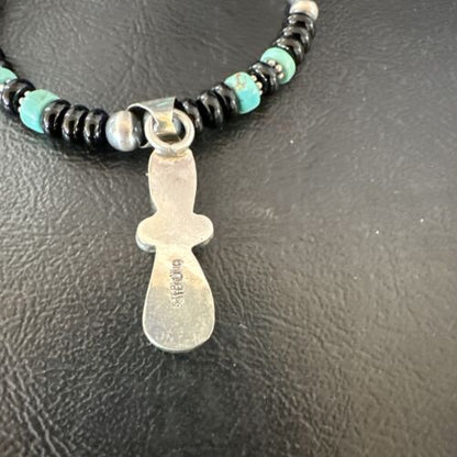 Navajo Men's Blue Turquoise Pendant with Pearls | Sterling Silver Onyx Necklace | Native American Handmade | 13203