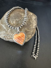 Navajo Orange Heart Spiny Oyster Pendant | Sterling Silver Necklace | Authentic Native American Handmade | 15006