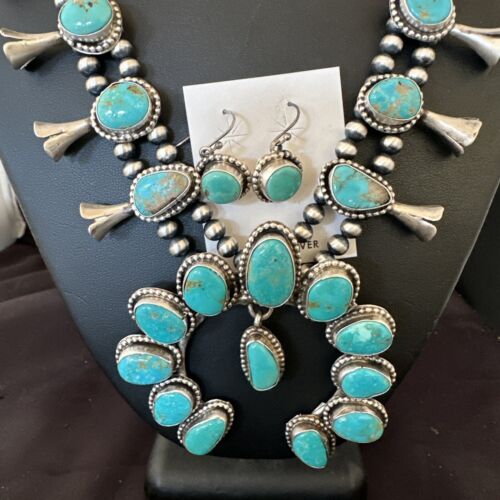 Kingman Turquoise Navajo Squash Blossom Necklace & Earrings | Sterling Silver | Native American Handmade | 16538
