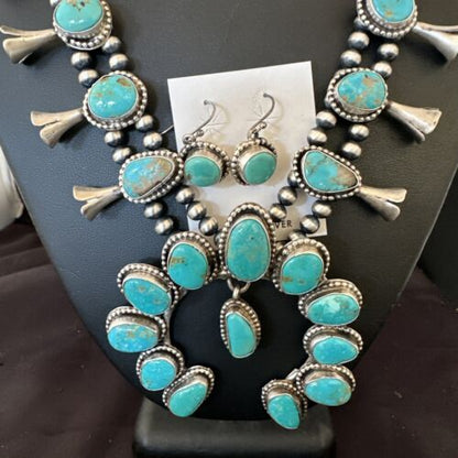 Kingman Turquoise Navajo Squash Blossom Necklace & Earrings | Sterling Silver | Native American Handmade | 16538