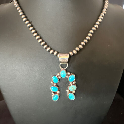 Navajo Horseshoe Naja Kingman Turquoise Pendant Necklace | Sterling Silver | Authentic Native American Handmade | 15748