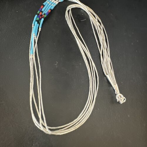 Multi-Color Liquid Silver Heishi Necklace | 5-Strand Sterling Tubes | 25" | 15137