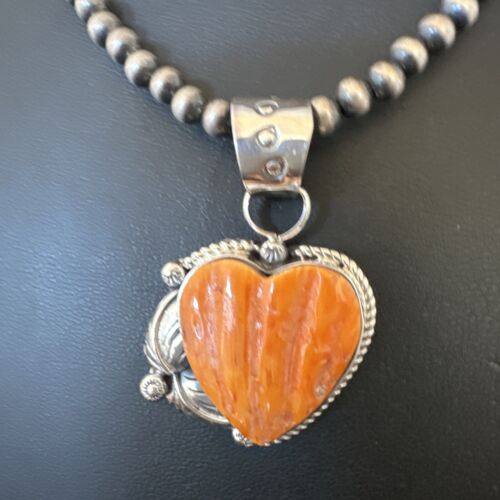 Navajo Orange Spiny Oyster Heart Pendant Necklace | Sterling Silver | Authentic Native American Handmade | 16413