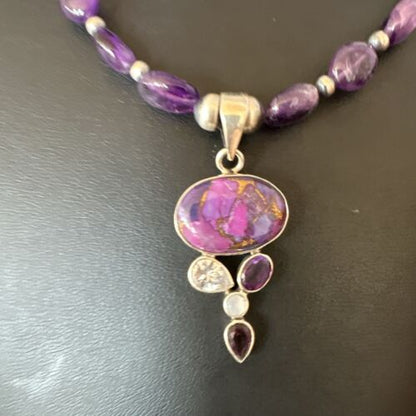 Mojave Turquoise Amethyst Pendant Necklace | Navajo Pearls | Sterling Silver | Native American Handmade | 16097