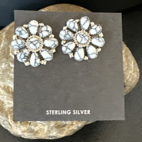 Women's Cluster White Buffalo Turquoise Earrings | Navajo Sterling Silver | Authentic Native American Handmade | 16343