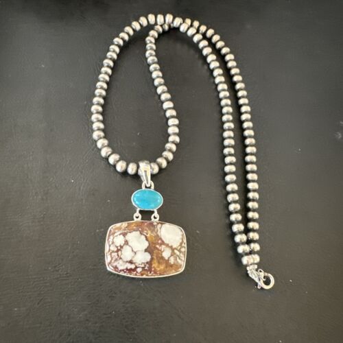 Men's Wild Horse Blue Kingman Turquoise Necklace | Sterling Silver SW Pendant | Multi-Stone | 17326